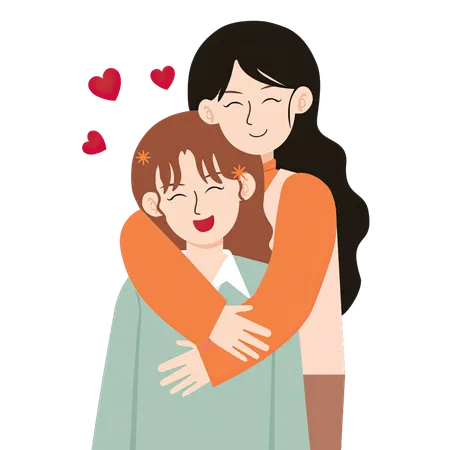 A Delightful Illustration Of A Lesbian Couple Hugging With Hearts Around Them Both Women Are Smiling And Dressed In Casual Cozy Clothing Showcasing A Moment Of Love And Happiness Illustration