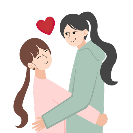 Lesbian couple in a loving embrace with hearts  イラスト