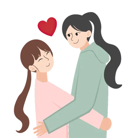Lesbian couple in a loving embrace with hearts  Illustration