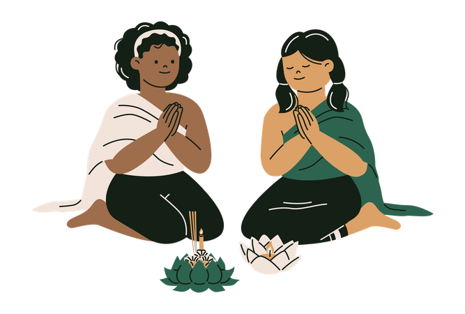 Lesbian Couple in Traditional Dress for Loy Krathong Festival  Illustration