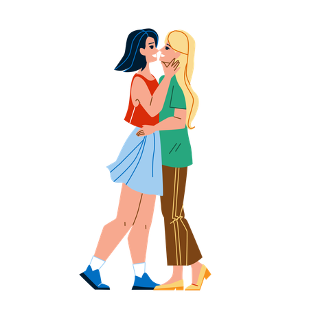 Lesbian Couple Kiss And Embrace Together  イラスト