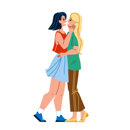 Lesbian Couple Kiss And Embrace Together Vector Girls Lesbian Couple Kissing And Embracing Togetherness With Love Characters Ladies Partnership And Relationship Flat Cartoon Illustration Illustration