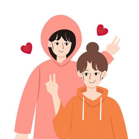 Lesbian couple making peace signs with hearts  Illustration
