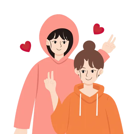A Delightful Illustration Of A Lesbian Couple Making Peace Signs With Hearts Around Them Both Women Are Dressed In Hoodies One In A Pink Hoodie And The Other In An Orange Hoodie They Are Smiling And Showing Peace Signs Symbolizing Harmony And Love Illustration
