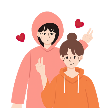 Lesbian couple making peace signs with hearts  Illustration