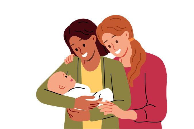 Lesbian couple of two women adopted baby thanks to new law legalizing LGBT marriages  Illustration