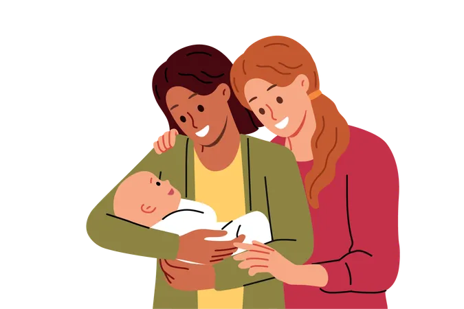 Lesbian couple of two women adopted baby thanks to new law legalizing LGBT marriages  Illustration