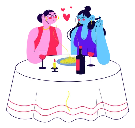 Lesbian couple on a dinner date Illustration