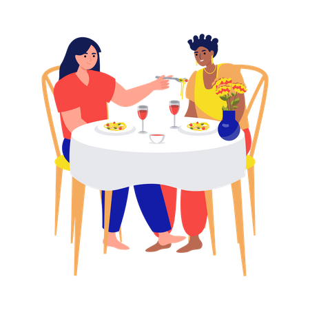 Lesbian Couple on dinner date  Illustration