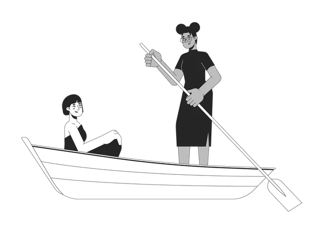 Lesbian Couple On Romantic Boat Ride Black And White 2 D Line Cartoon Characters First Date Love Enamored Gay Women Isolated Vector Outline People Lake Romance Monochromatic Flat Spot Illustration Illustration