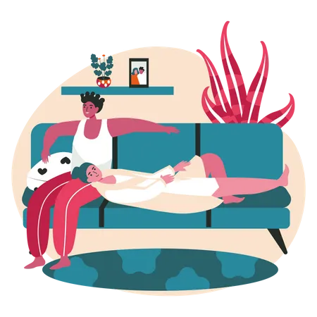 Lesbian couple relaxing on couch Illustration
