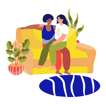 Lesbian couple relaxing on couch  Illustration