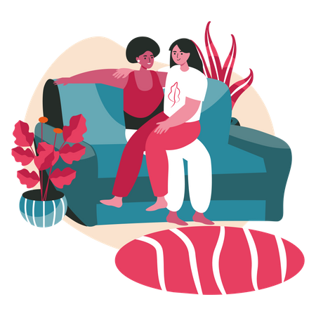 Lesbian couple relaxing on couch  Illustration