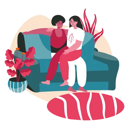 Lesbian couple relaxing on couch  Illustration