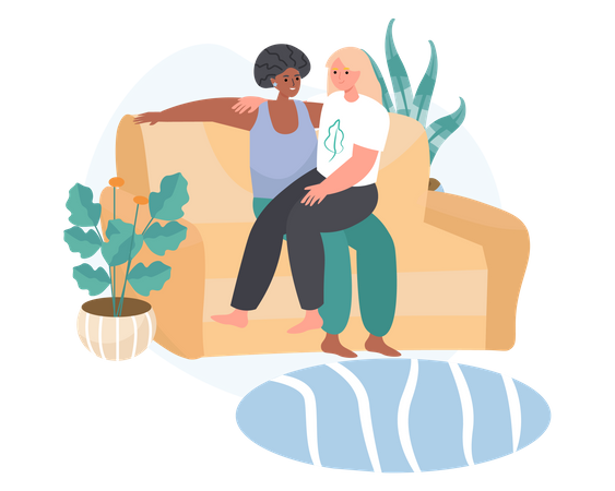 Lesbian couple relaxing on couch  Illustration