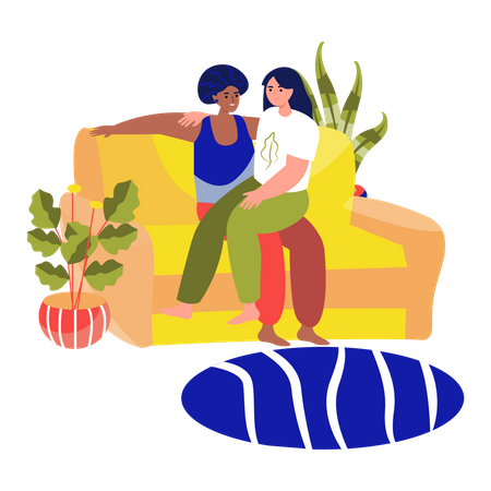 Lesbian couple relaxing on couch  Illustration