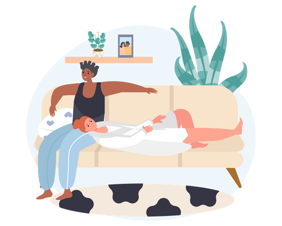 Lesbian couple relaxing on couch  Illustration