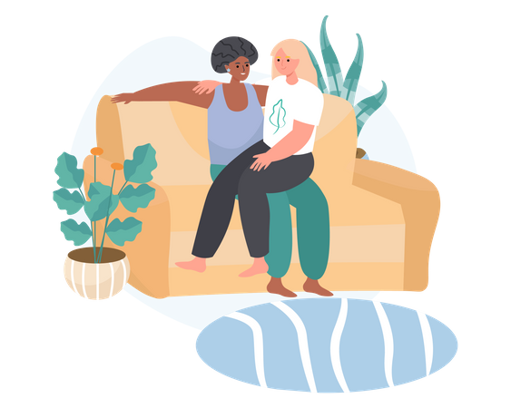 Lesbian couple relaxing on couch  Illustration