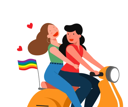 Lesbian couple riding bike together Illustration