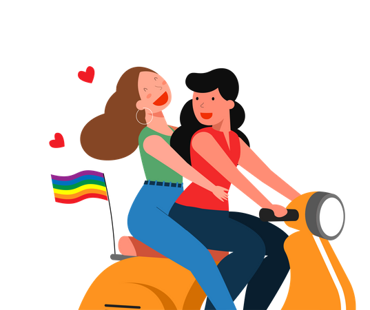 Lesbian couple riding bike together  Illustration