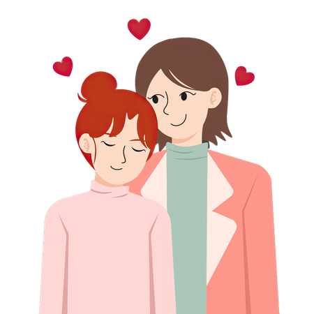 Lesbian couple showing affection with hearts  Illustration