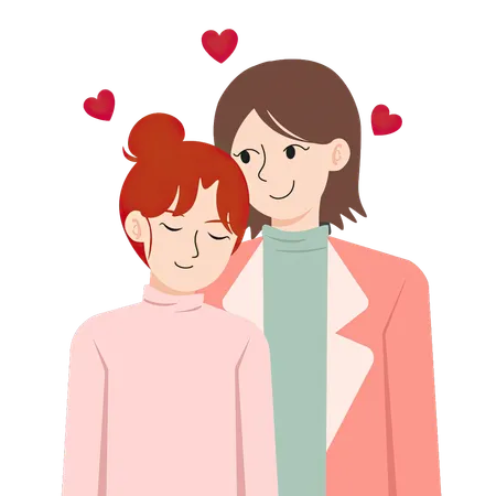 A Vibrant Illustration Of A Lesbian Couple Showing Affection With Hearts Floating Around Them One Woman With Red Hair And A Bun Leans Into Her Partner Who Has Short Brown Hair Both Are Dressed In Cozy Attire And Smiling Capturing A Tender And Loving Moment Illustration