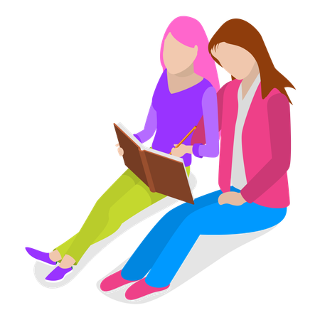 Lesbian couple sitting together and reading books  Illustration
