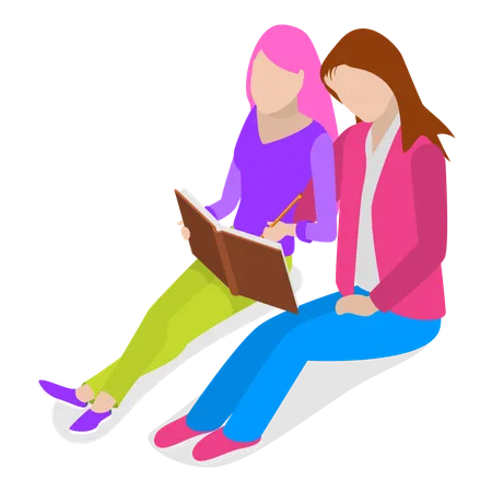 Lesbian couple sitting together and reading books  Illustration