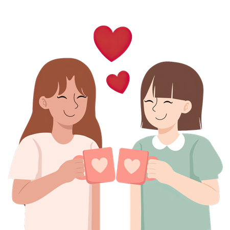 Lesbian couple toasting with heart mugs  Illustration