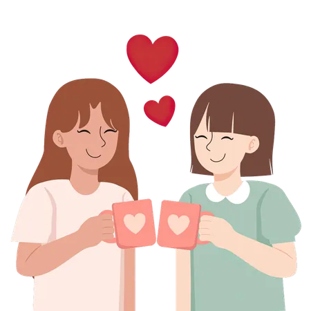 A Playful Illustration Of A Lesbian Couple Toasting With Heart Mugs Surrounded By Floating Hearts Both Women Are Smiling And Enjoying Each Others Company Depicted In A Joyful And Warm Setting Illustration