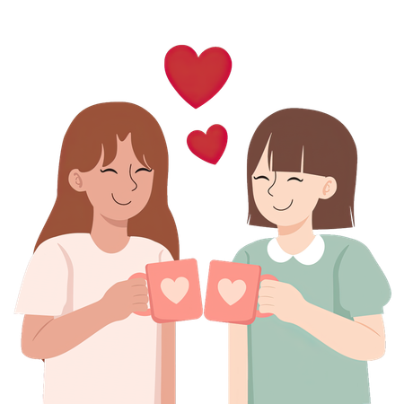 Lesbian couple toasting with heart mugs  Illustration