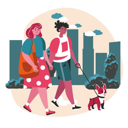 Lesbian Couple walking together with dog  Illustration