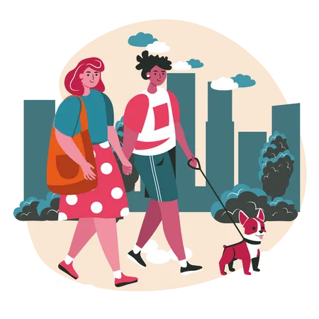 Lesbian Couple walking together with dog  Illustration