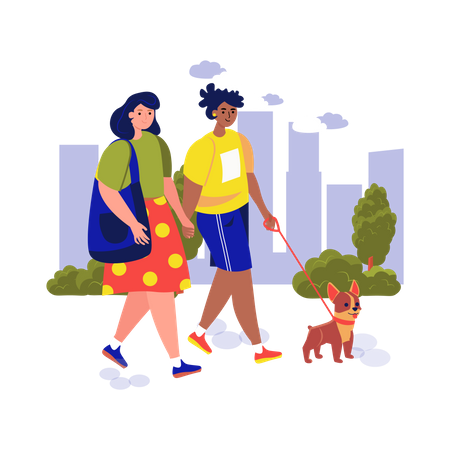 Lesbian Couple walking together with dog  Illustration