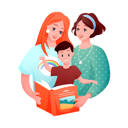 Lesbian Couple with adopted child  Illustration