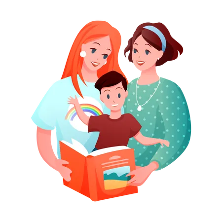 Lesbian Couple with adopted child  Illustration