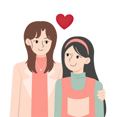 A Heartwarming Illustration Of A Lesbian Couple With Hearts Floating Above Their Heads One Woman Has Long Brown Hair And The Other Has Long Black Hair They Are Shown In A Tender Embrace Expressing Love And Togetherness Illustration