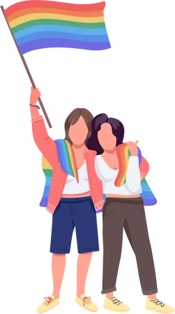 Lesbian couple with rainbow flag Illustration