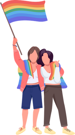 Lesbian couple with rainbow flag  Illustration