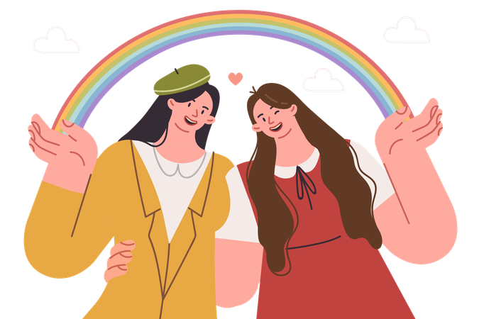 Lesbian girls holding LGBT rainbow  일러스트레이션