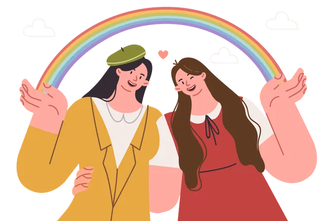 Lesbian Girls Hug Holding LGBT Rainbow Calling For Fight For Rights Of Sexual Minorities Lesbian Women Activists Call For End To Discrimination And Legalization Of LGB Tq Marriages Illustration