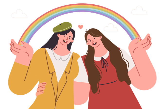 Lesbian girls hug holding LGBT rainbow and calling for fight for rights of sexual minorities  Illustration