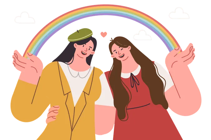 Lesbian girls hug holding LGBT rainbow and calling for fight for rights of sexual minorities  Illustration