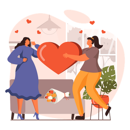 Lesbian giving heart on date  Illustration