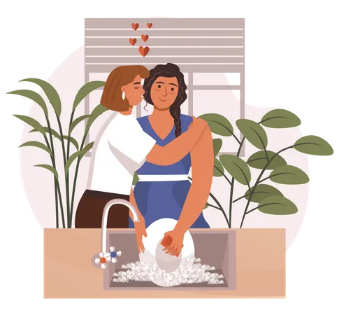 Lesbian helping partner in kitchen  Illustration