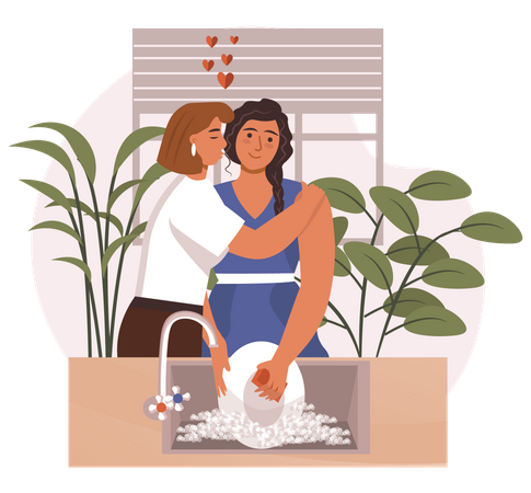 Lesbian helping partner in kitchen  Illustration