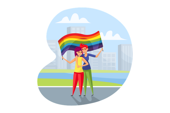 Lesbian holding LGBTQ flag  Illustration