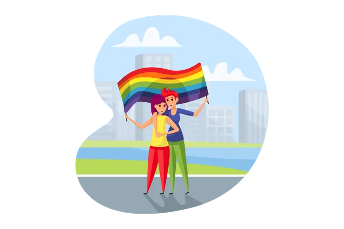 Lesbian holding LGBTQ flag  Illustration