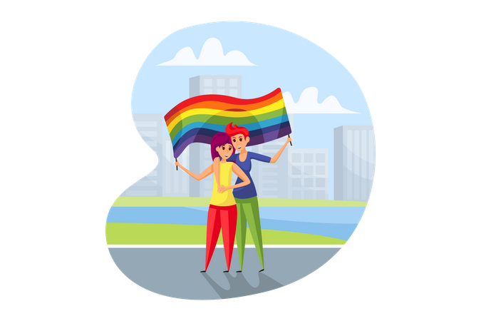 Lesbian holding LGBTQ flag  Illustration