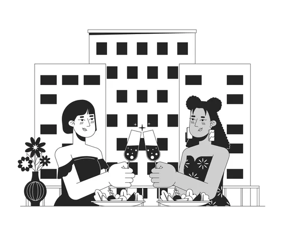Lesbian Valentines Day Date Black And White Cartoon Flat Illustration In Love Girlfriends Wine Glasses Clinking 2 D Lineart Characters Isolated Intimate Moment Monochrome Scene Vector Outline Image Illustration